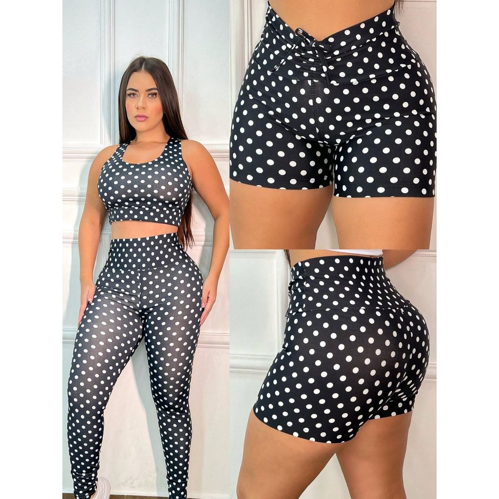 KIt Com 3 Pecas Calca Leg Legging Cordinha Afina a cintura Com Short Mais Top Poa Caveira Roupa De Academia Fitness