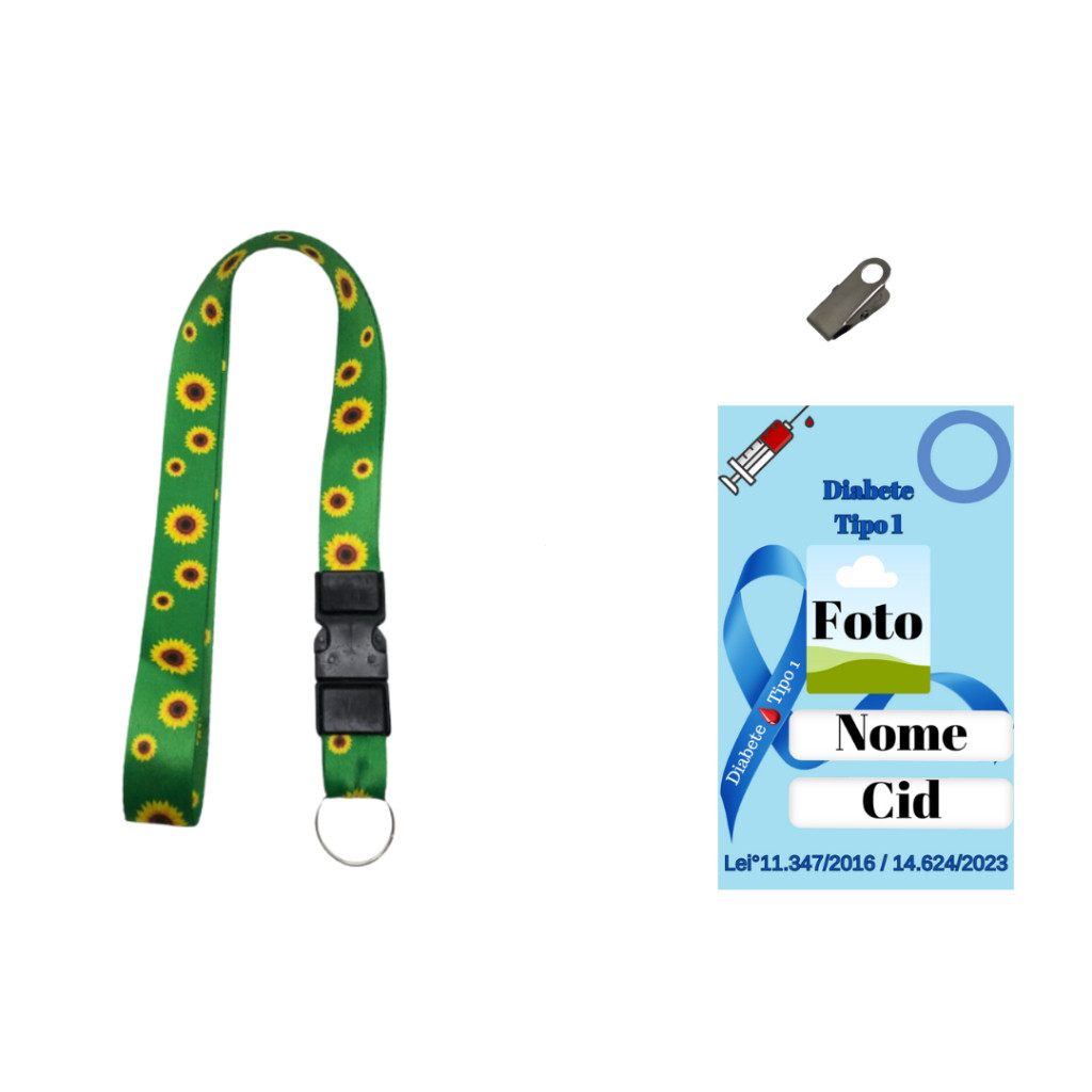 Kit Cartão Crachá Polímero Identificação Personalizado Diabetes Tipo 1+Cordão Fecho Engate Rápido Girassol +Garra Jacaré
