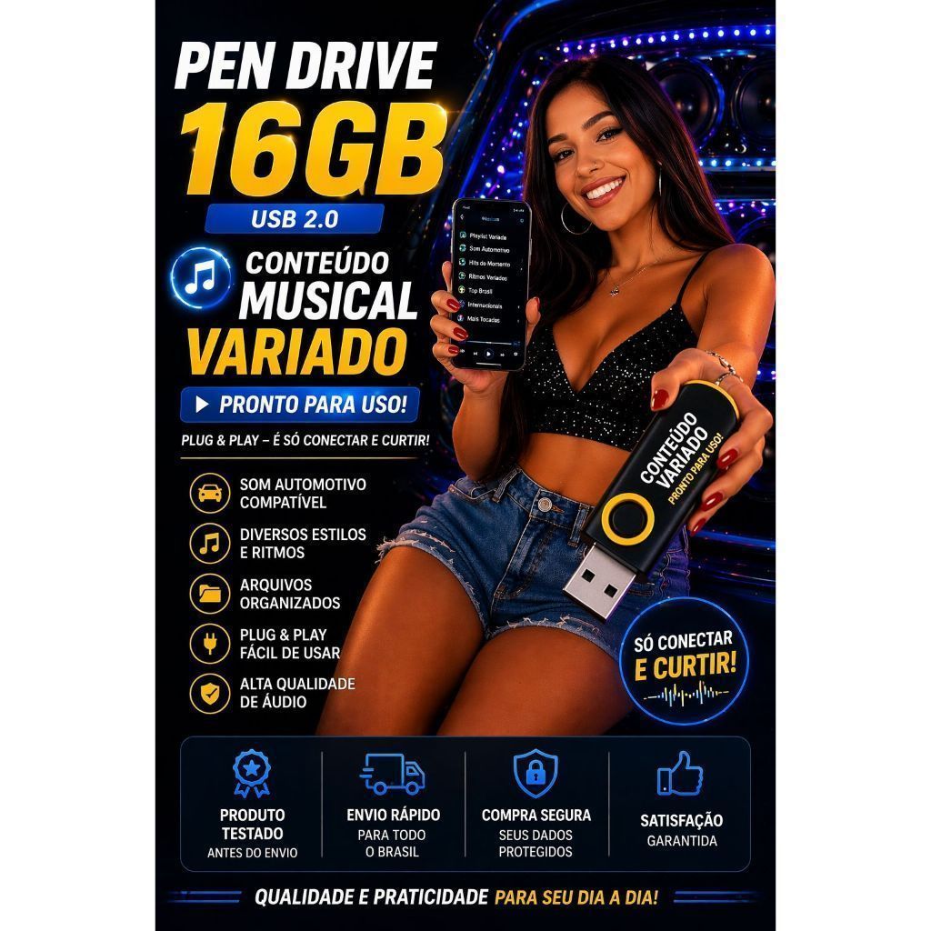 Usb 8gb Pen Drive 16GB USB Gravado | Som Automotivo | Conteúdo Variado | Plug Play