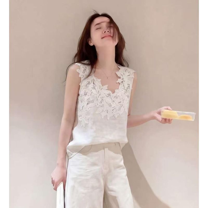 [Seckill por tempo limitado] Branco Pesado Indústria Renda Bordado Costura Colete Sem Mangas Roupas Femininas 2026 Verão