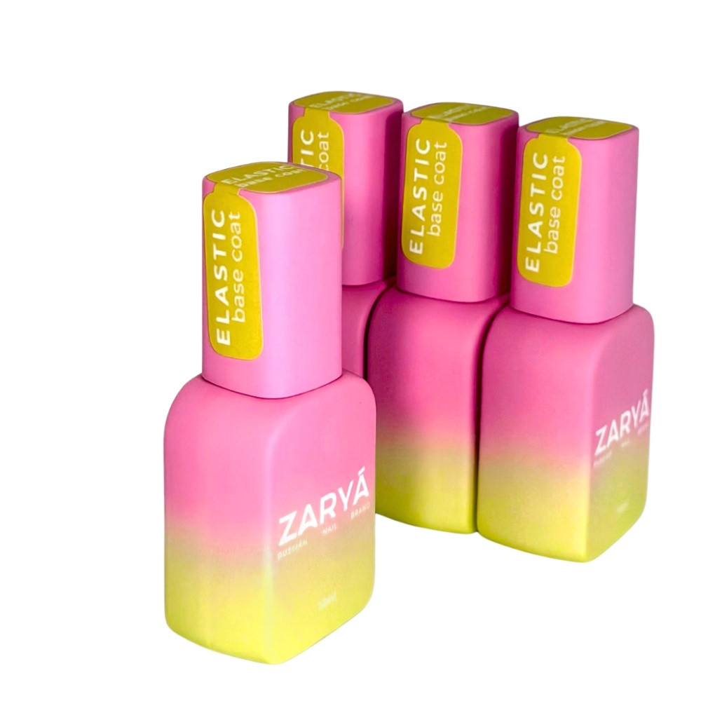 Quatro frascos de Base Coat Elastic da marca Zaryá, com embalagem degradê rosa e amarela e tampa rosa, dispostos sobre fundo branco.