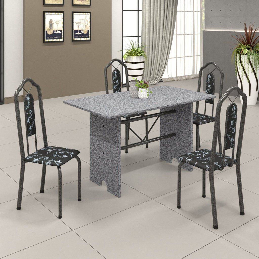 Conjunto de Mesa 120x75cm Tampo Granito com 4 Cadeiras Bianca Prata/Martelado/Ocre/Preto Floral Martelado Prata/Granito