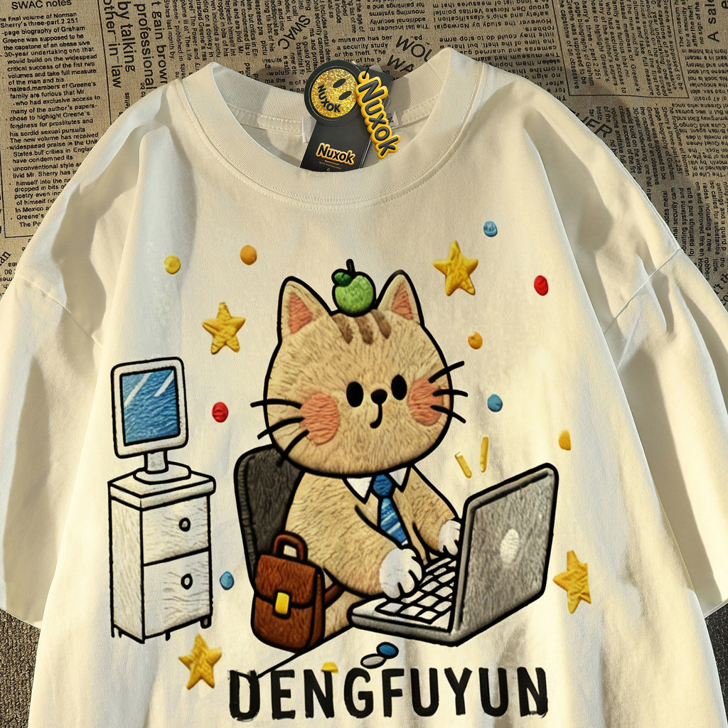 Japonês Retro imitação bordado gato impresso puro algodão de manga curta camiseta feminino meninos solto em torno do pes