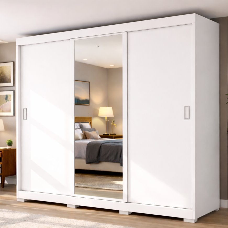 Guarda-Roupa Casal com Espelho 3 Portas de Correr e 4 Gavetas Branco/New Branco New