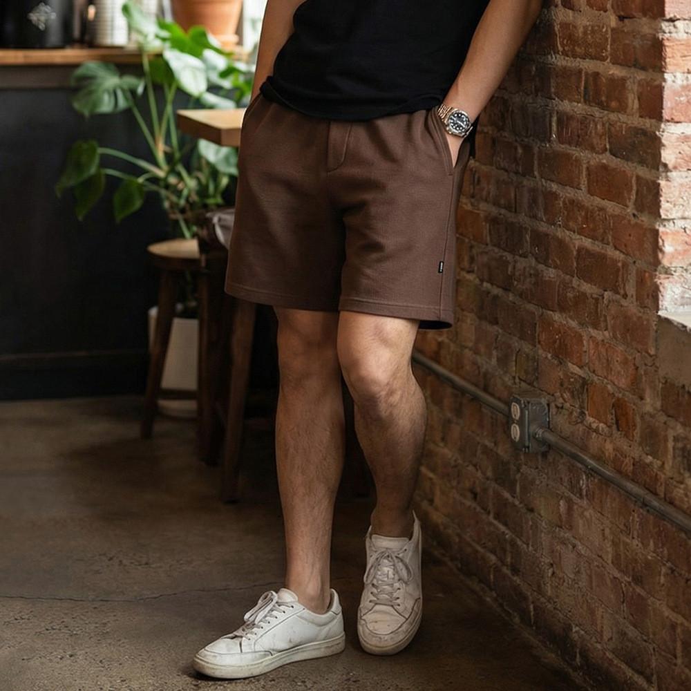 Bermuda Masculina de Verão em Algodão Piqué com Cintura Elástica, Calça Esportiva Casual de Comprimento Médio para Homen