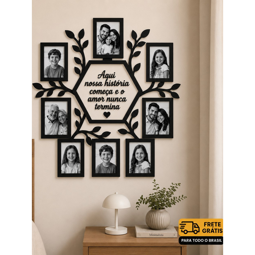 Quadro de 8 Fotos Família - Porta Retratos em MDF 10x15 – Quadro Decorativo