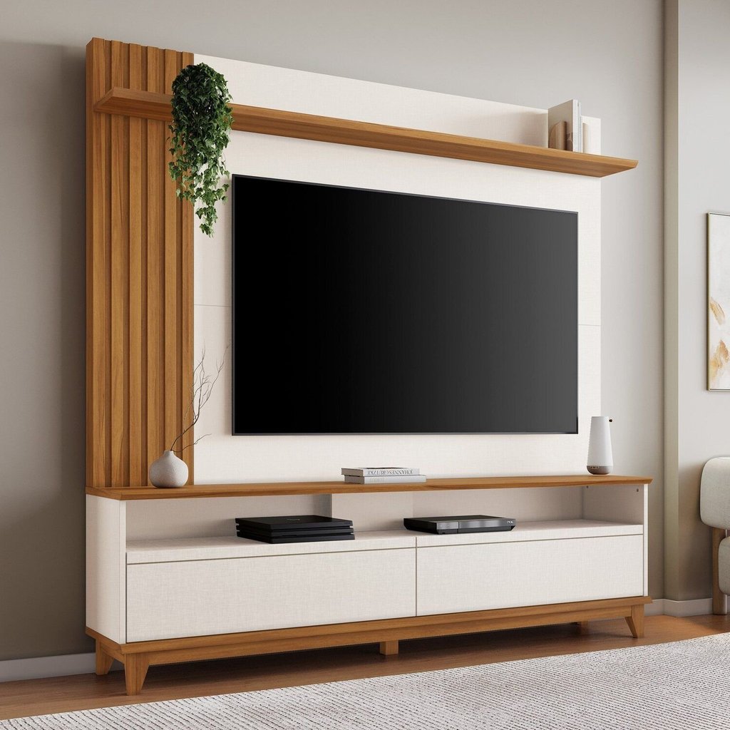 Estante para TV e Home Theater Ripado para TV até 65 Polegadas 162,6CMX183,8cm Pés em Madeira Maciça Detalhe da Nt