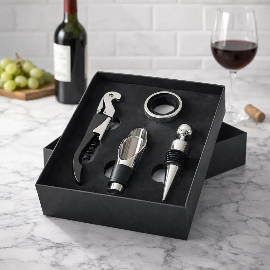 Kit Vinho 4 Peças Aço Inox  Abridor Garrafa Manual Tipo Saca Rolhas Bico Dosador Tampa Anel