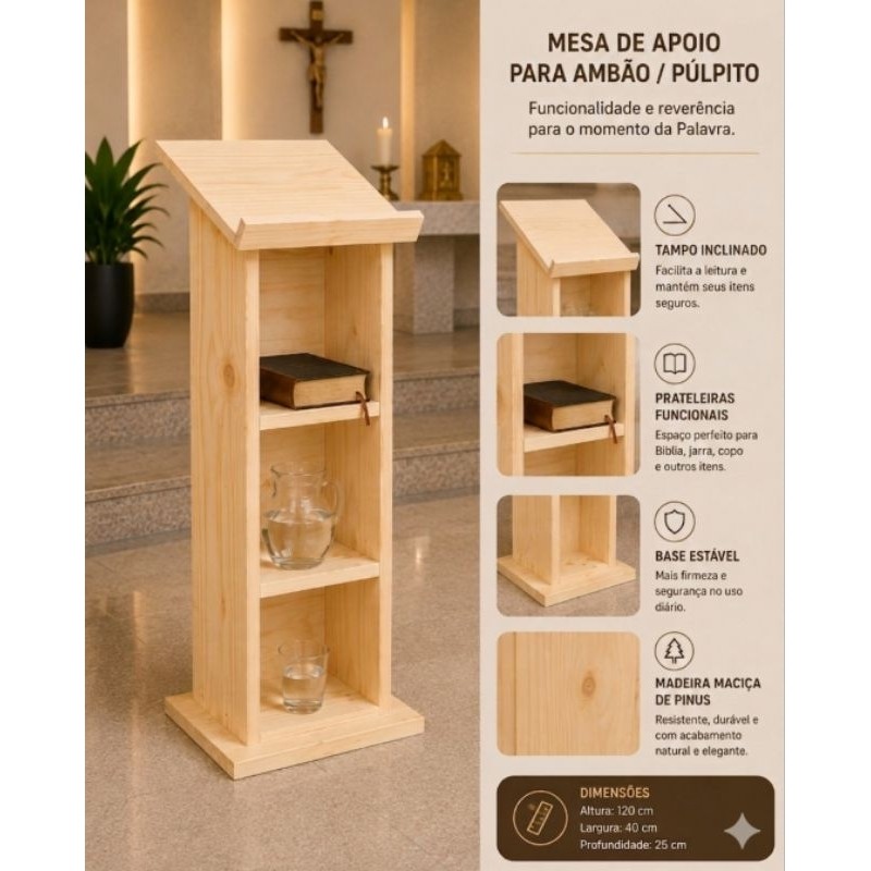 Ambão / Púlpito em Madeira Pinus Natural com Prateleiras – Modelo Litúrgico Artesanal