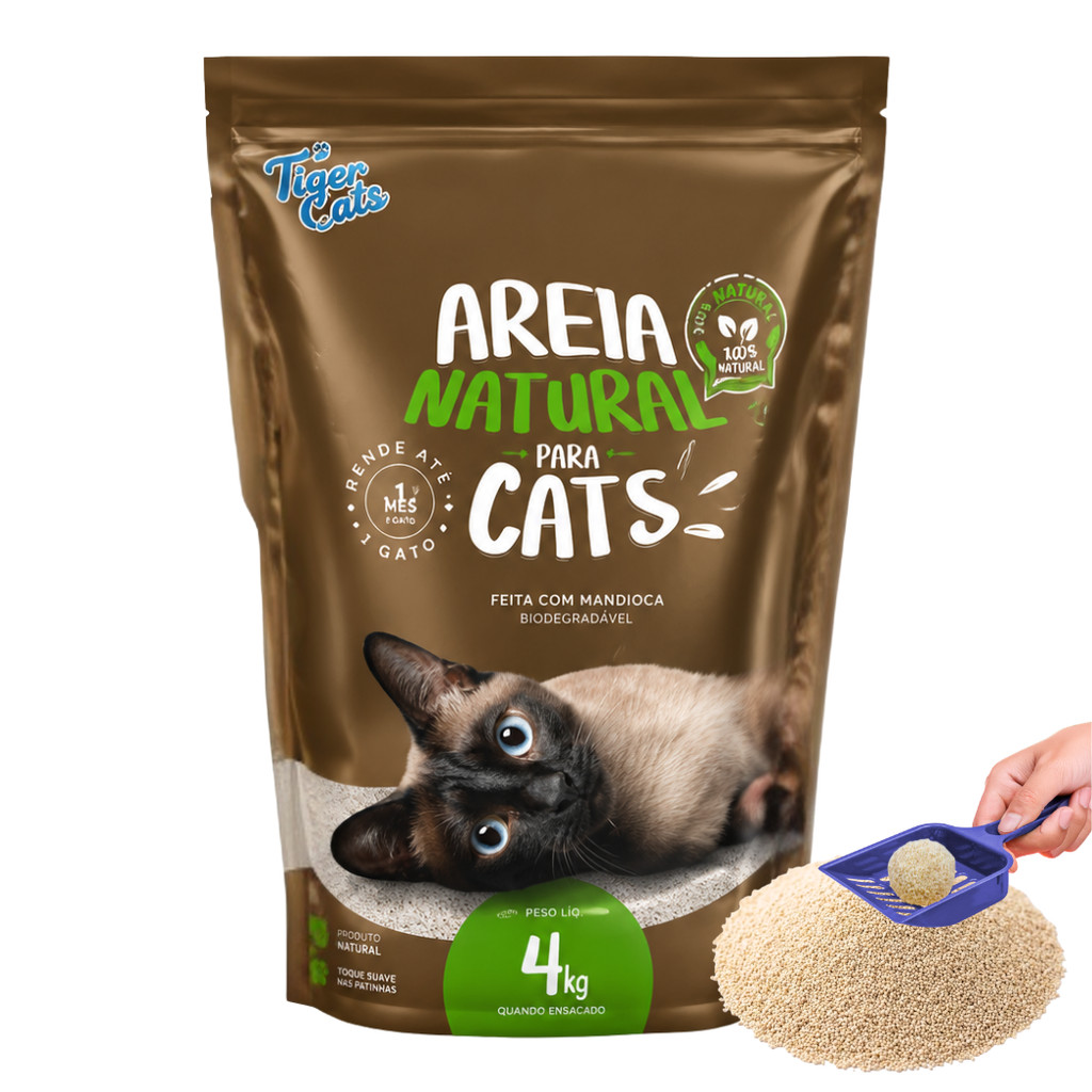 Areia Sanitária Higiênica para Gatos Natural 100% Mandioca Biodegradável Tiger Cats 4kg Natural
