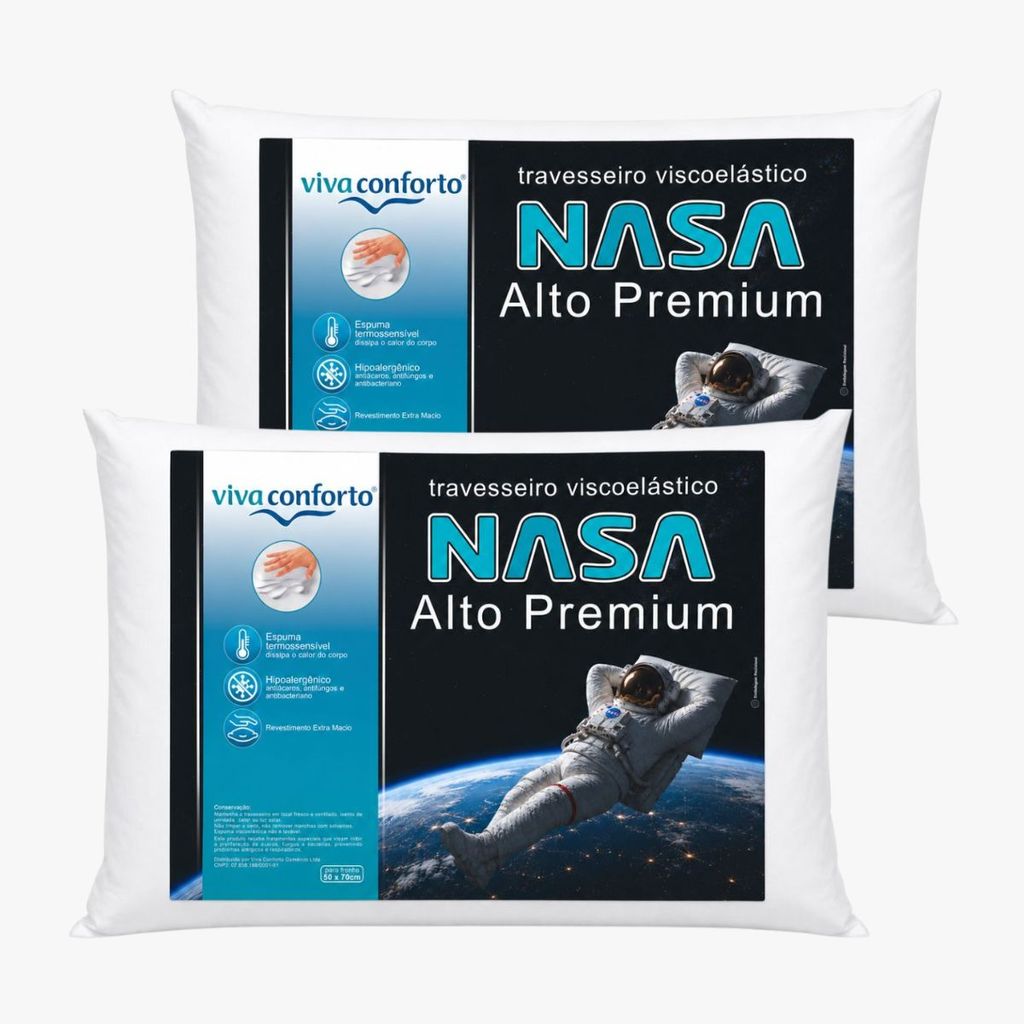 Kit 2 Travesseiros Nasa Alto Original Viscoelástico Alinha Coluna Viva Conforto Altura 13 cm