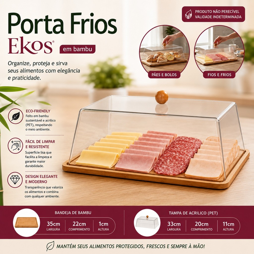 Porta Frios Retangular em Bambu com Tampa Transparente PET e Pegador para Cozinha