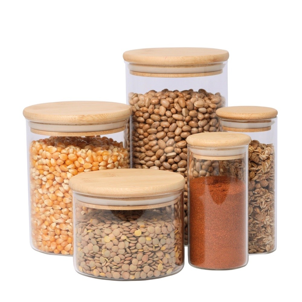 Jogo 5 Potes Herméticos Porta Mantimentos Condimentos Bambu Antivazamento Vidro Alimento Grãos Bolacha Tempero Café