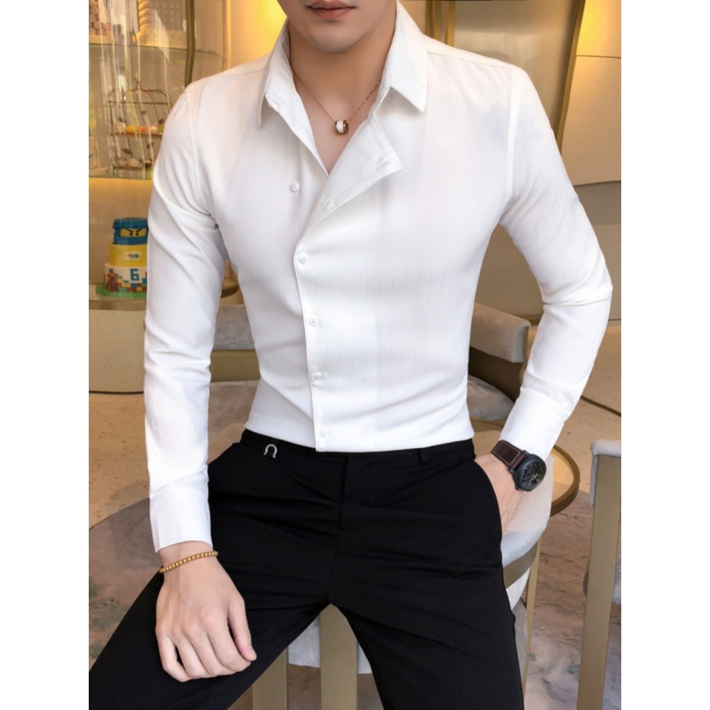 Camisa branca masculina primavera tendência versão coreana magro-ajuste camisa de manga comprida estilista de cabelo bon