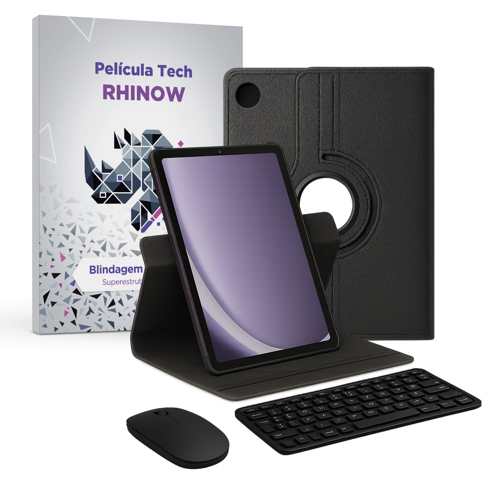 Kit Capa Preta Samsung Galaxy Tab A9+ Plus, Giratória 360°: Película de vidro + 