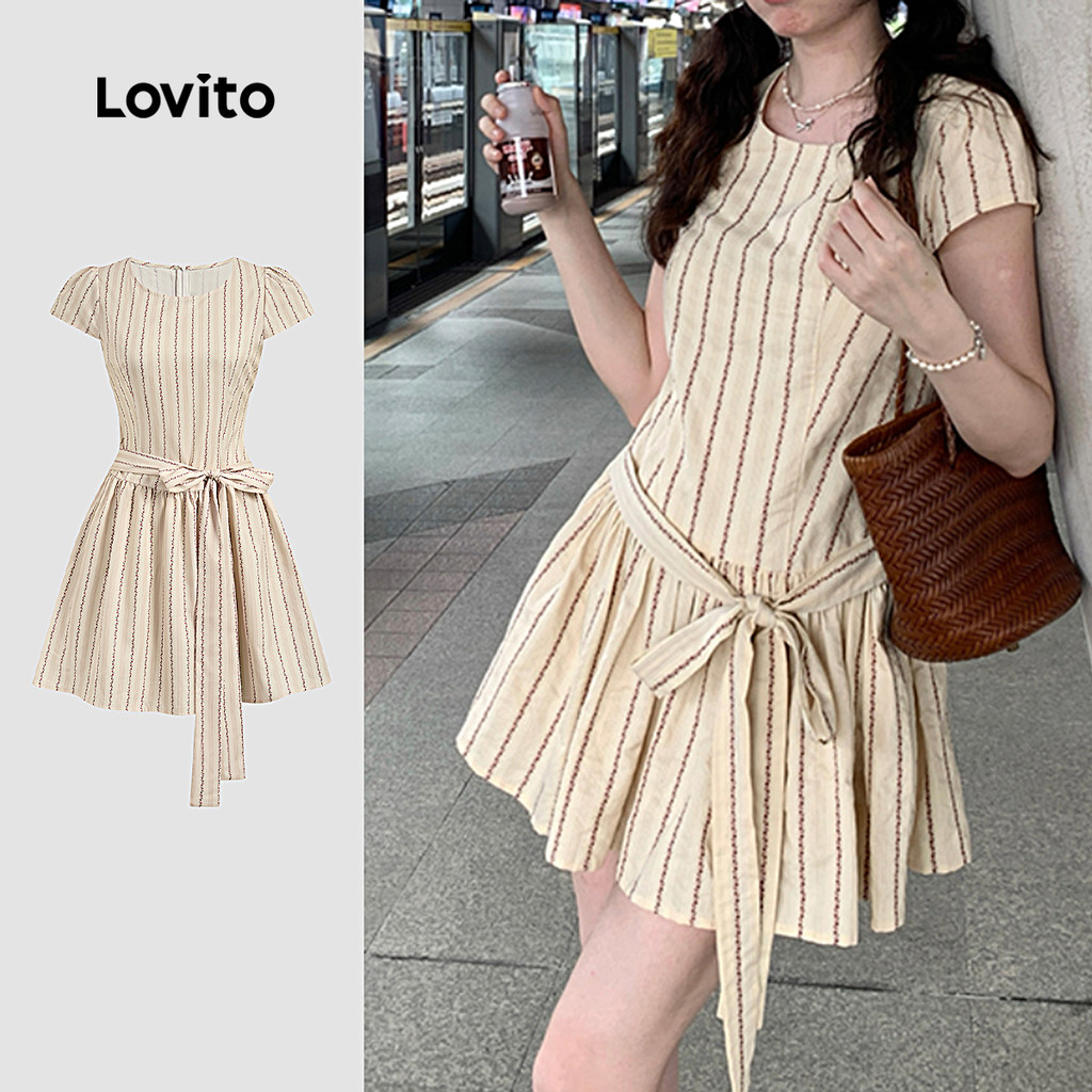 (New) Lovito Vestido Fofo com Laço Na Frente Vestido de Primavera/verão Na Cor Damasco para mulheres L151AD110 em Oferta na Shopee