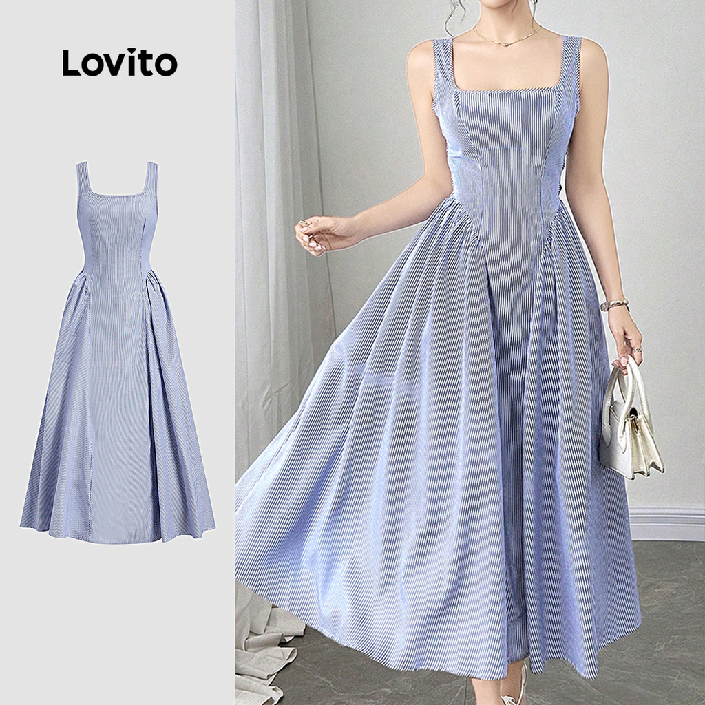 (New) Lovito Vestido Elegante com Laço Nas Costas para Primavera/verão Azul para Mulheres L149LD324 em Oferta na Shopee