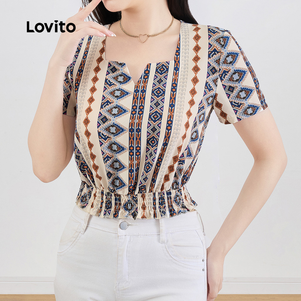 Detalhes do Lovito Blusa Elegante de Estilo Nacional para Primavera/verão para Mulheres L138ED412
