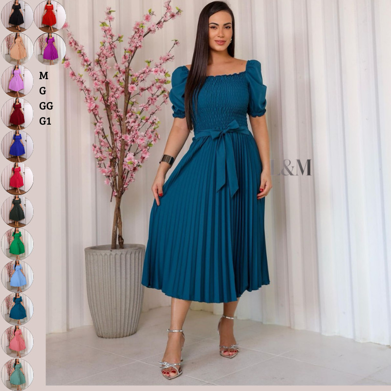 Vestido Plissado Liso Midi Feminino Plus Size Manga Bufante Curta com Elástex Moda Verão em Oferta na Shopee
