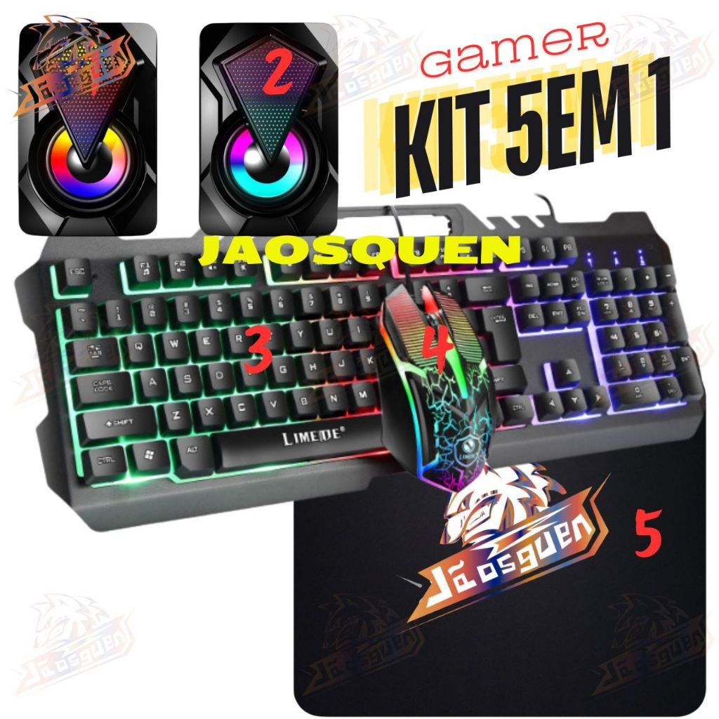 Kit 5em 1 Teclado Gamer Semi Mecanico Iluminado + mouse pad + caixa de som + mouse para Jogos