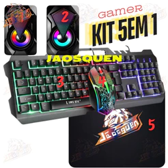 Kit 5em 1 Teclado Gamer Semi Mecanico Iluminado + mouse pad + caixa de som + mouse para Jogos