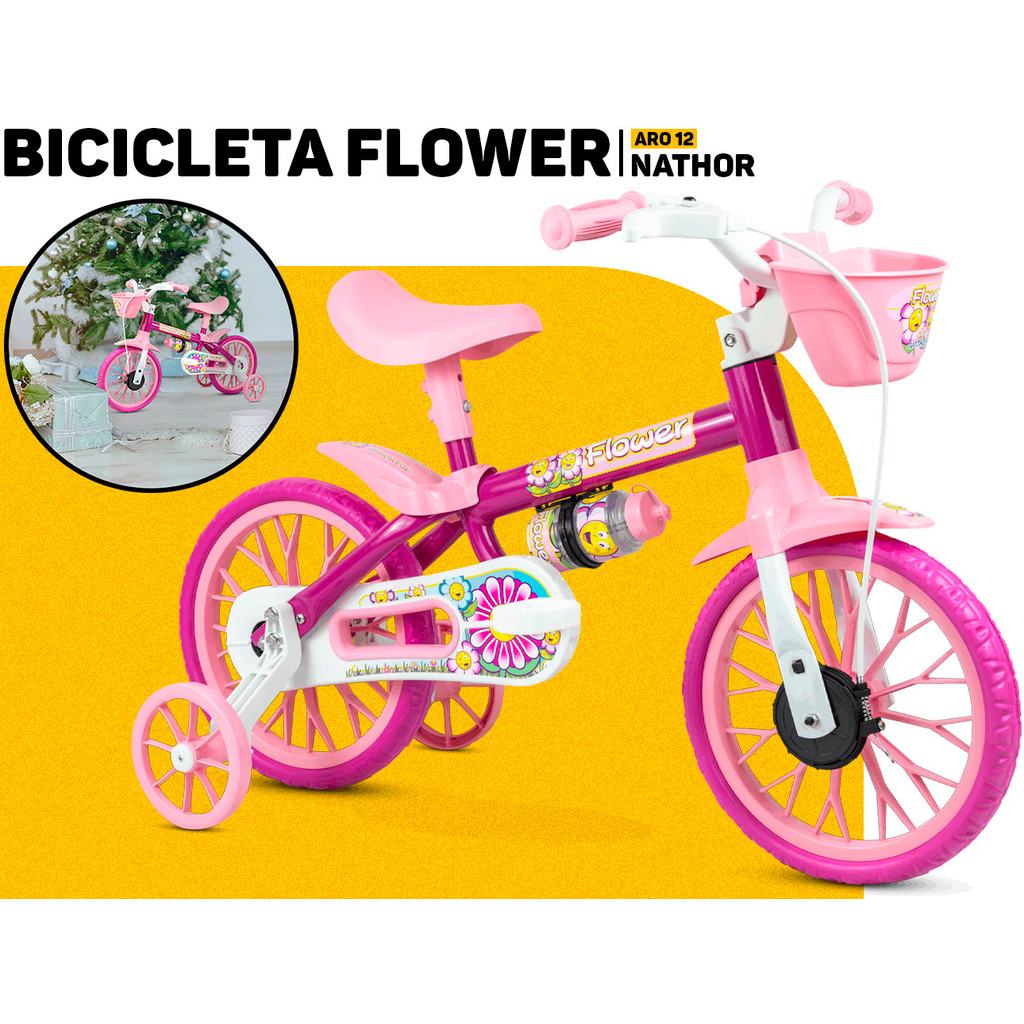 Bike Bicicleta Infantil Nathor Flower Aro12 Feminina Rodas Laterais Apoio Equilíbrio Cestinha Rosa
