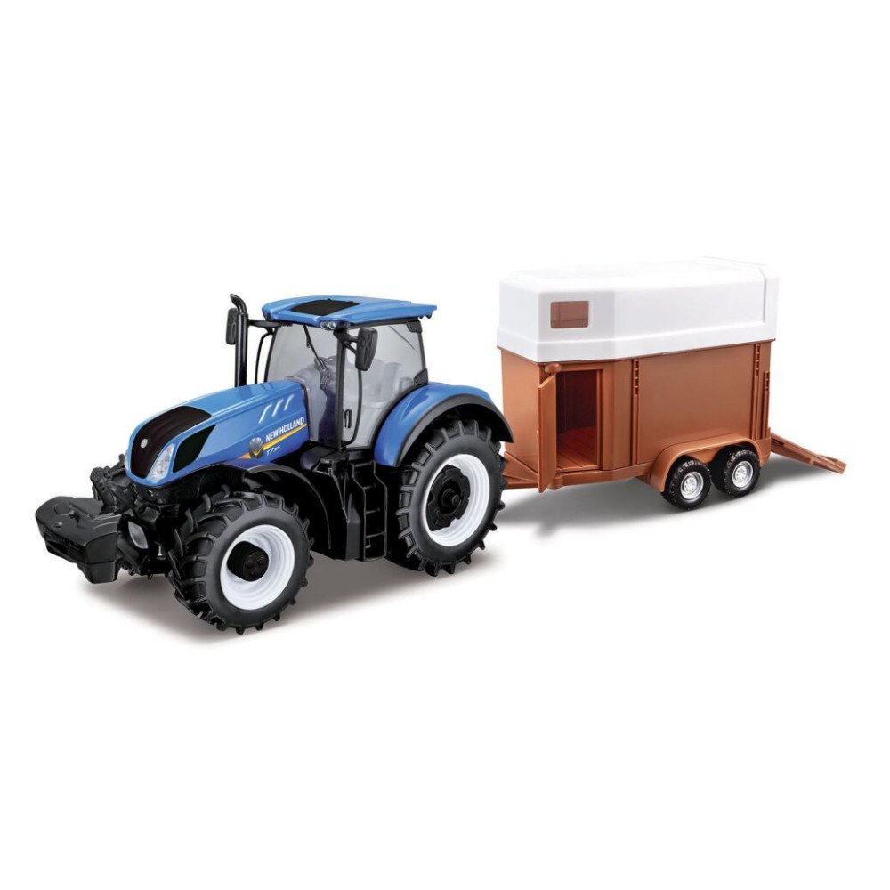 Miniatura Trator New Holland T7.315 HD C/ Reboque para Cavalos - Bburago - 1/32