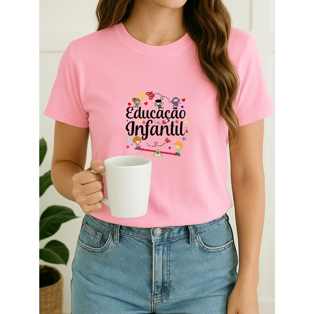 Camiseta Feminina 100% Algodão Educação Infantil Colorida Fofa Professora Escola Pedagogia Premium