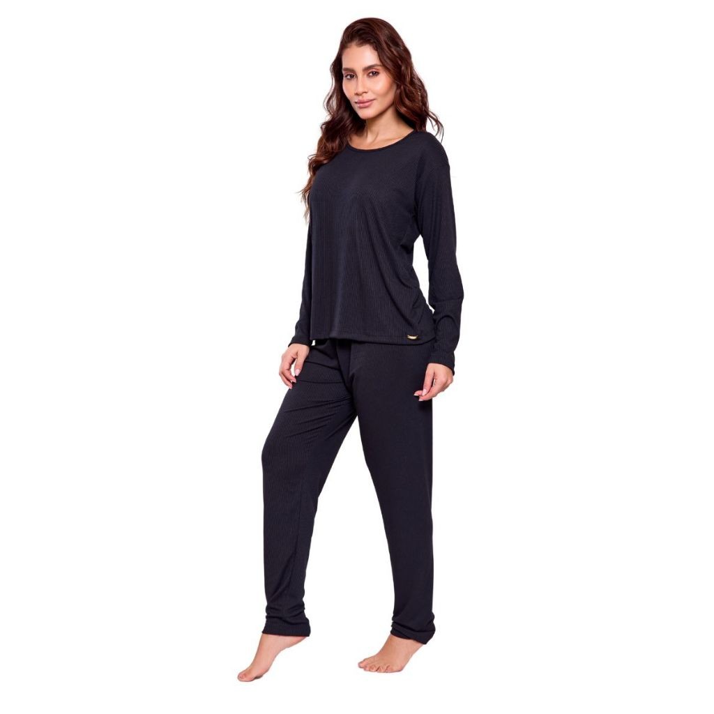 Pijama Feminino Suede Canelado Inverno Quentinho Blusa e Calça Confortável Conjunto Longo Liz Dormir