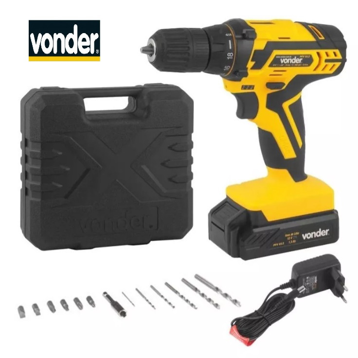 Furadeira Parafusadeira VONDER C/ Impacto 3/8 12V a Bateria Carregador BIVOLT PFV012I + Kit Brocas, Bits e Trena 5M,