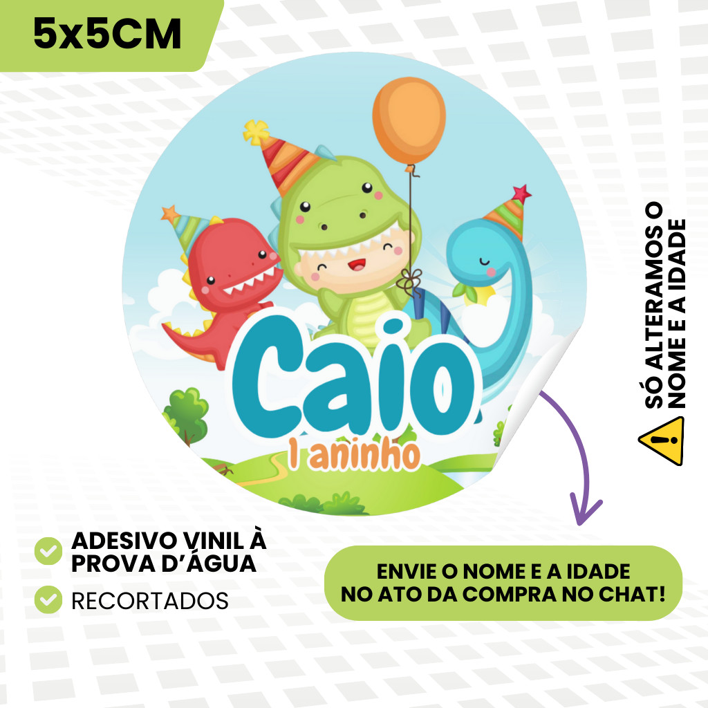 Adesivos Vinil 5x5cm Personalizados Para Lembrancinhas de Aniversário Infantil Menino Tema Dino Baby