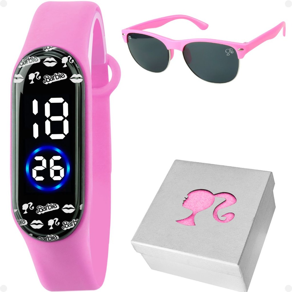 Relogio Digital Infantil Barbie Rosa + Oculos Sol + Caixa original adolescente criança silicone pink