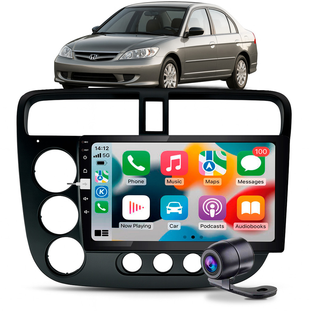 Kit Central Multimídia Mp5 9" Carplay Android Auto Honda Civic 2001 a 2006