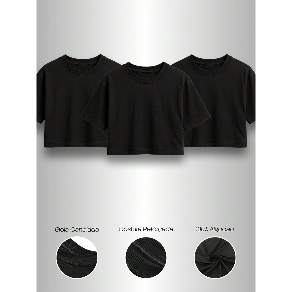CROPPED OVERSIZED KIT COM 3 UNIDADES 100% Algodão TOP SÓLIDO FEMININO MINIMALISTA CASUAL PRIMAVERA VERÃO Básico Premium