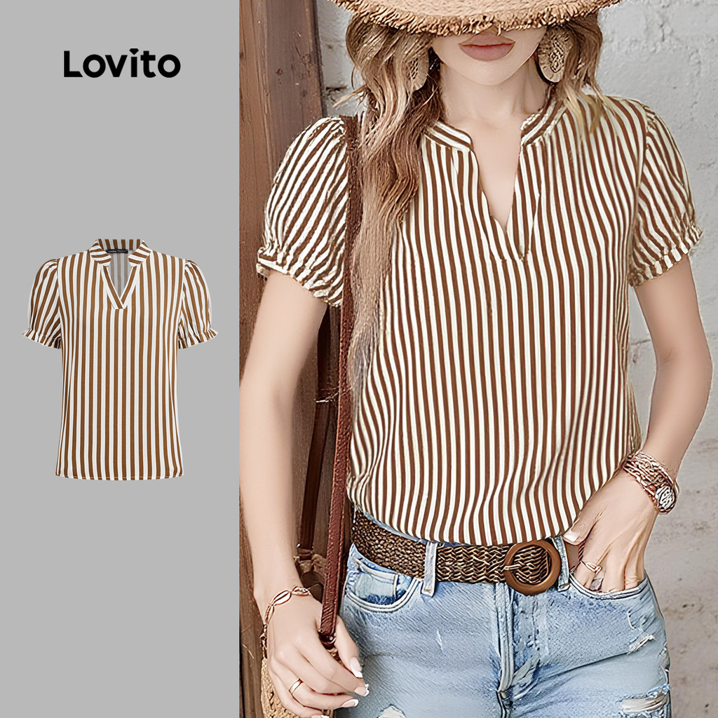 Top de manga curta listrado marrom manga bufante-BLB149PBD569 em Oferta na Shopee