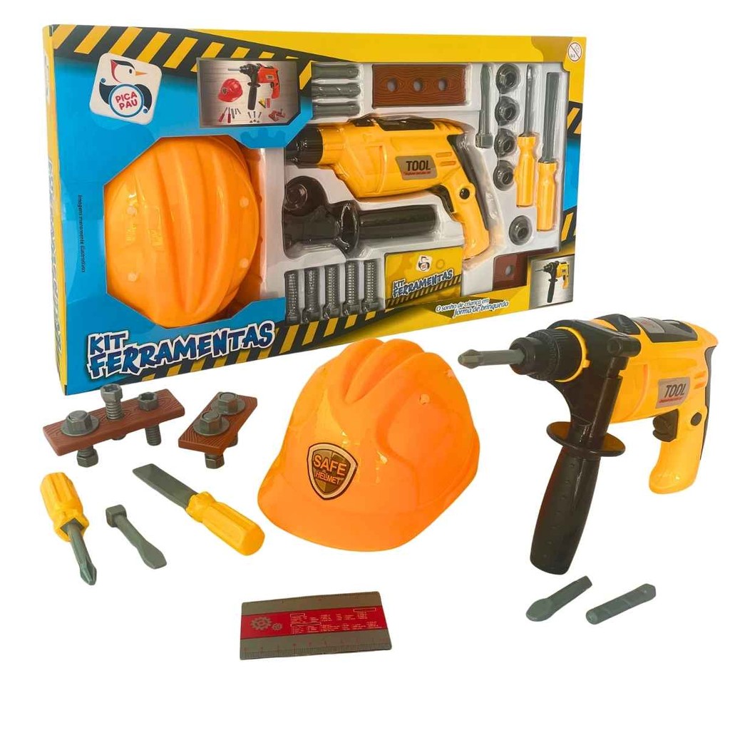 Furadeira Eletrica Brinquedo Kit Premium Ferramentas Parafusadeira Capacete Acessorios