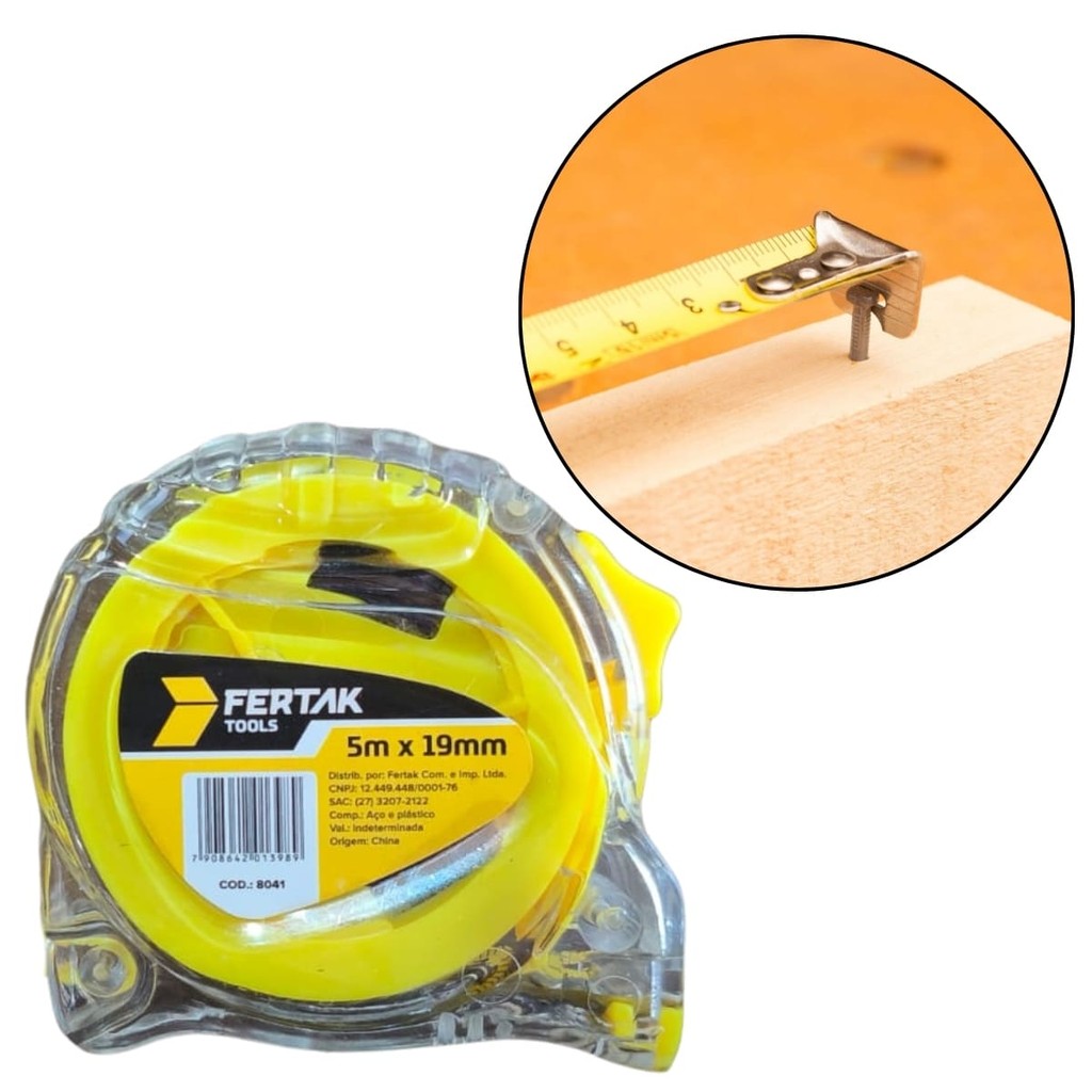 Trena Fita Métrica Transparente 5m x 19mm Com Presilha Para Cinto e Alça Fertak Visual Moderno Medição Geral Casa