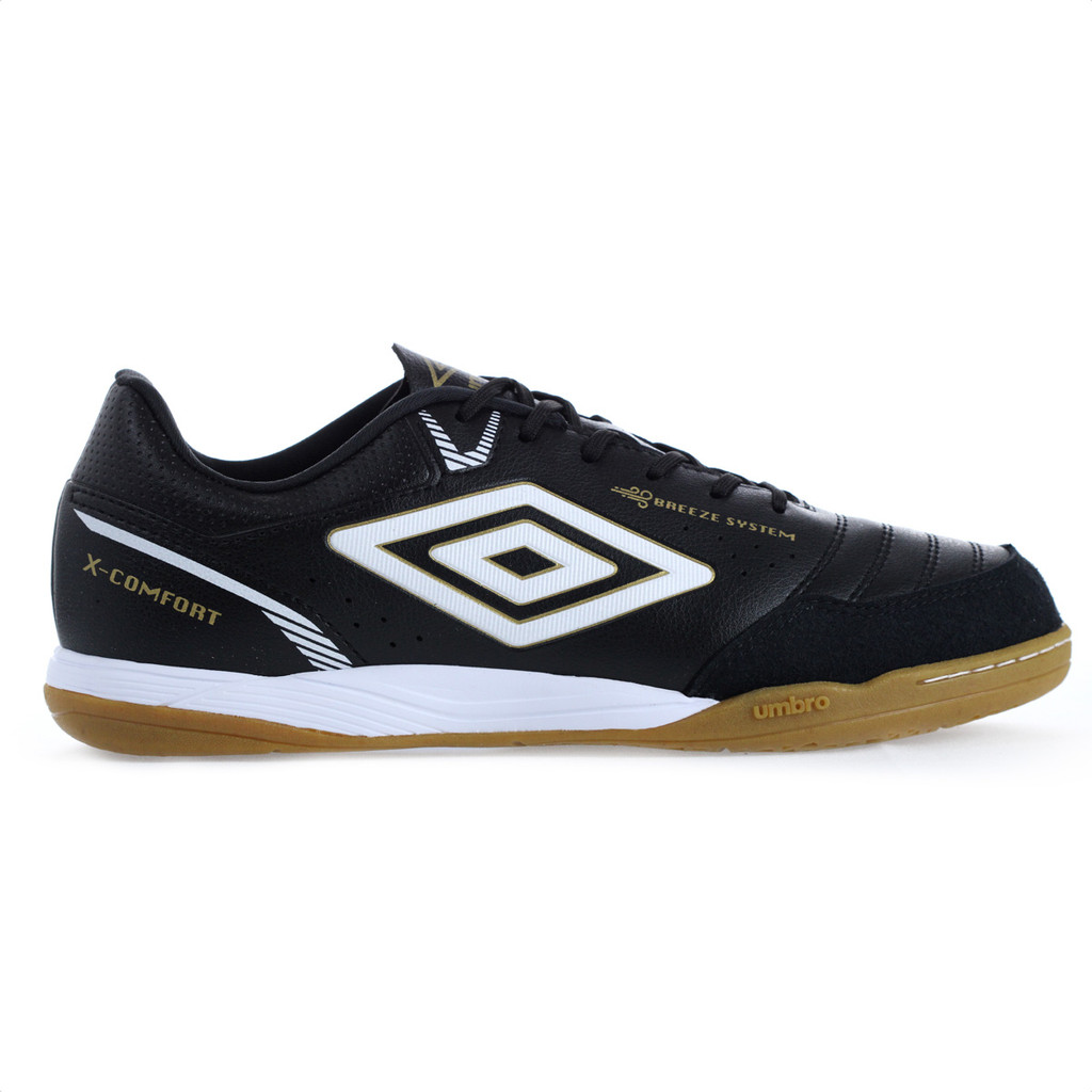 Chuteira Umbro Futsal X-Comfort Preto Branco e Dourado - Masculino
