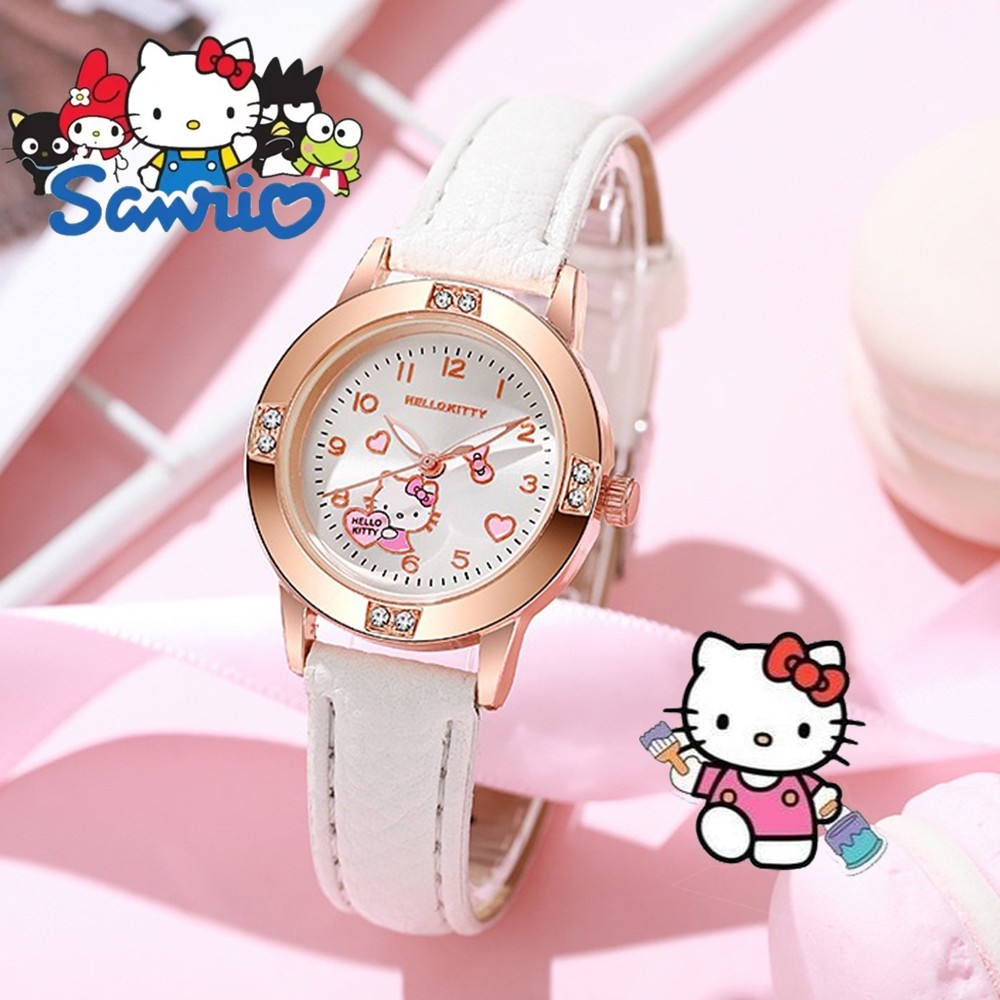Sanrio Hello Kitty Kuromi Relógios Bonitos Desenhos Animados Em Ouro Rosa Com Cinto De Diamante Relógio Feminino De Quar