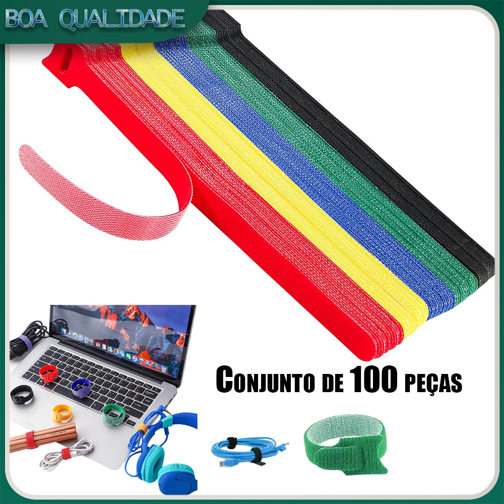 100 abraçadeiras coloridas com velcro para organizar cabos em casa/escritório/viagens/garagem/jardinagem