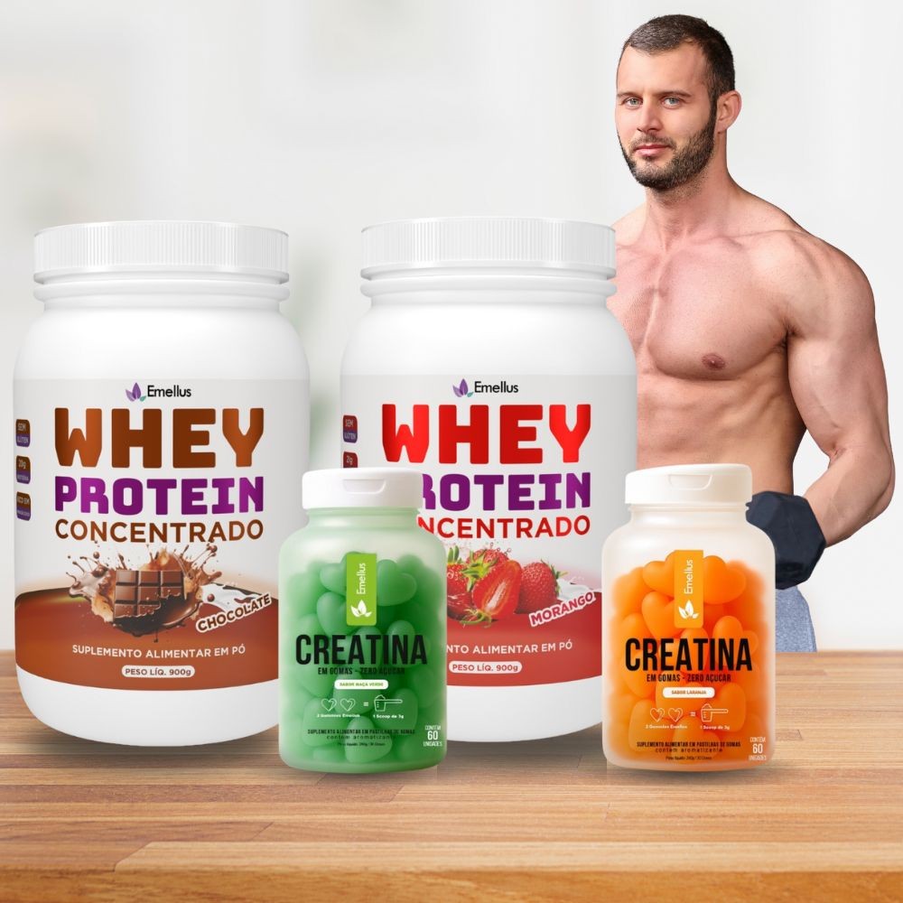 Kit Whey Protein Concentrado 900g Chocolate Morango + Creatina em Gomas 60Un Maçã Verde Laranja Treino e Massa Muscular