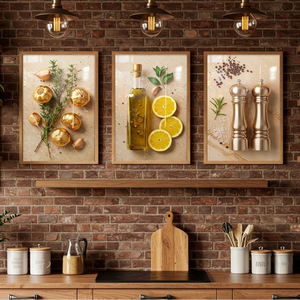 Quadros Decorativos 3pçs para Cozinha Dourado Temperos Restaurante Negócios em Oferta na Shopee