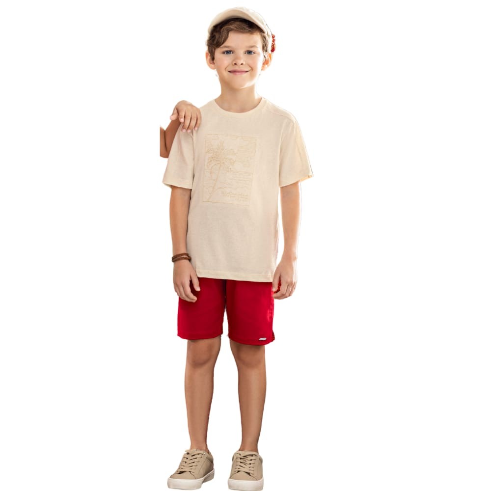 Conjunto Menino Angerô Camiseta estampa Bordada e Bermuda em Sarja- Vermelho