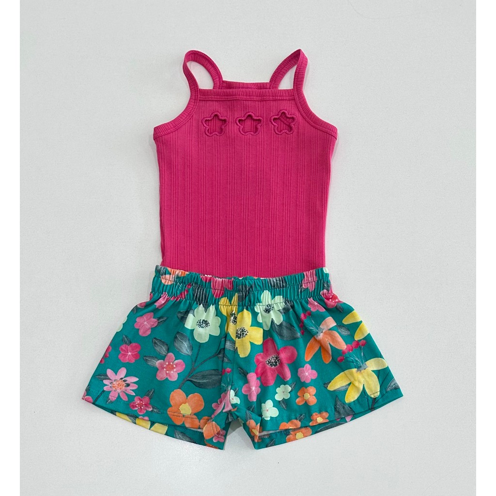 Conjunto Infantil Nanai Vermelho Regata Recorte Floral Shorts Estampado Colorido Menina Moda Kids Verão