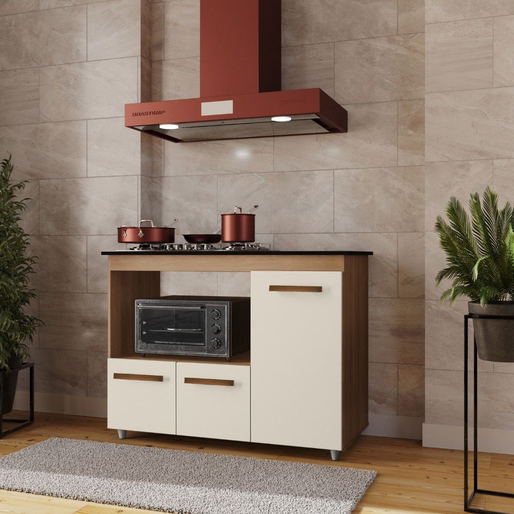 Balcão Cooktop 4 ou 5 Bocas 3 Portas Com Espaço Para Forno ou Microondas Savana Off White - Trial Moveis