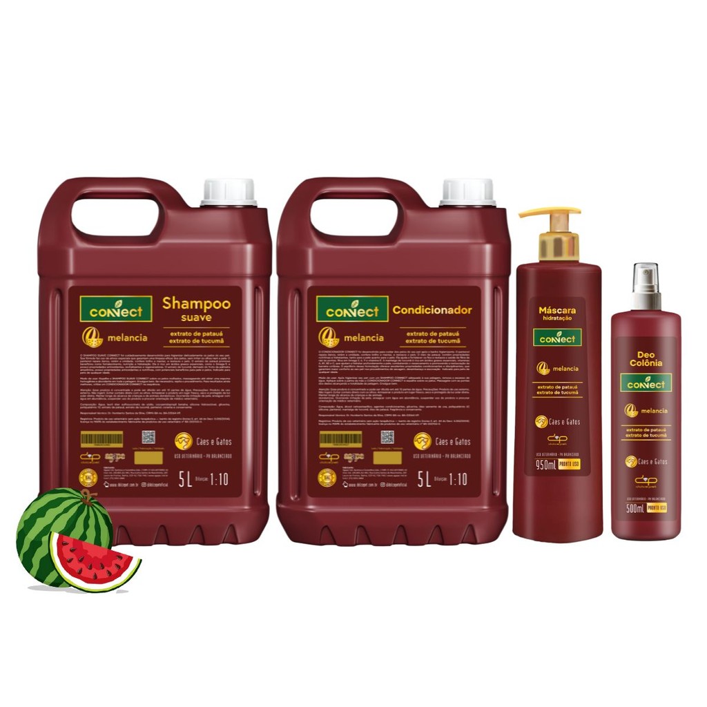 Kit Shampoo Suave Condicionador Perfume Máscara Connect Dolce Pet Melancia 5L 1:10
