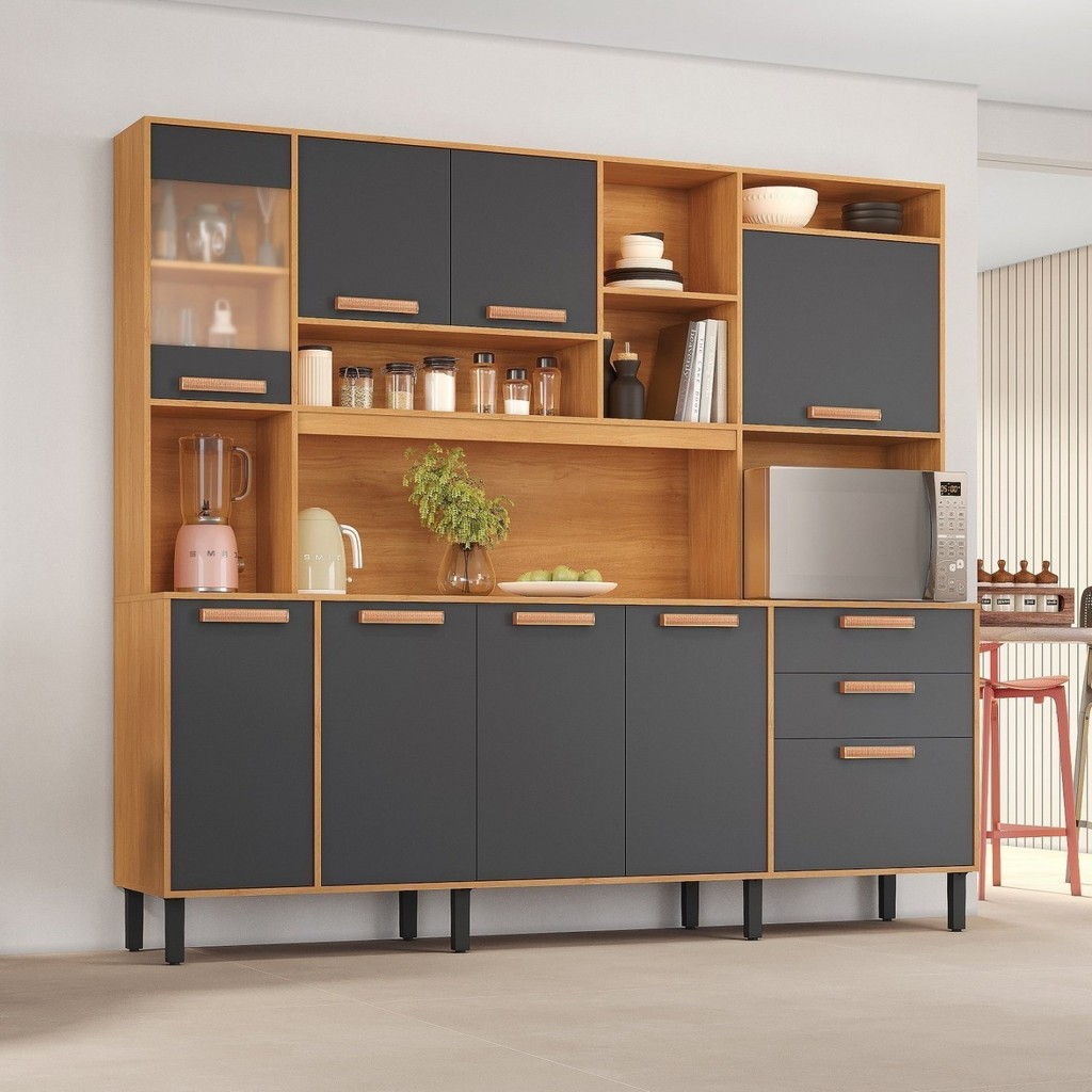 Cozinha Compacta 8 Portas 3 Gavetas 220cm Espaço para Forno e 5 Nichos Nápoles Itatiaia Cinamomo/Grafite Intenso em Oferta na Shopee
