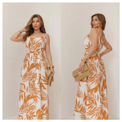 Vestido Jumpsuit Chique e Elegante Estampa Folhagens, Roupa de Passeio e Festa com Amarração na Cintura