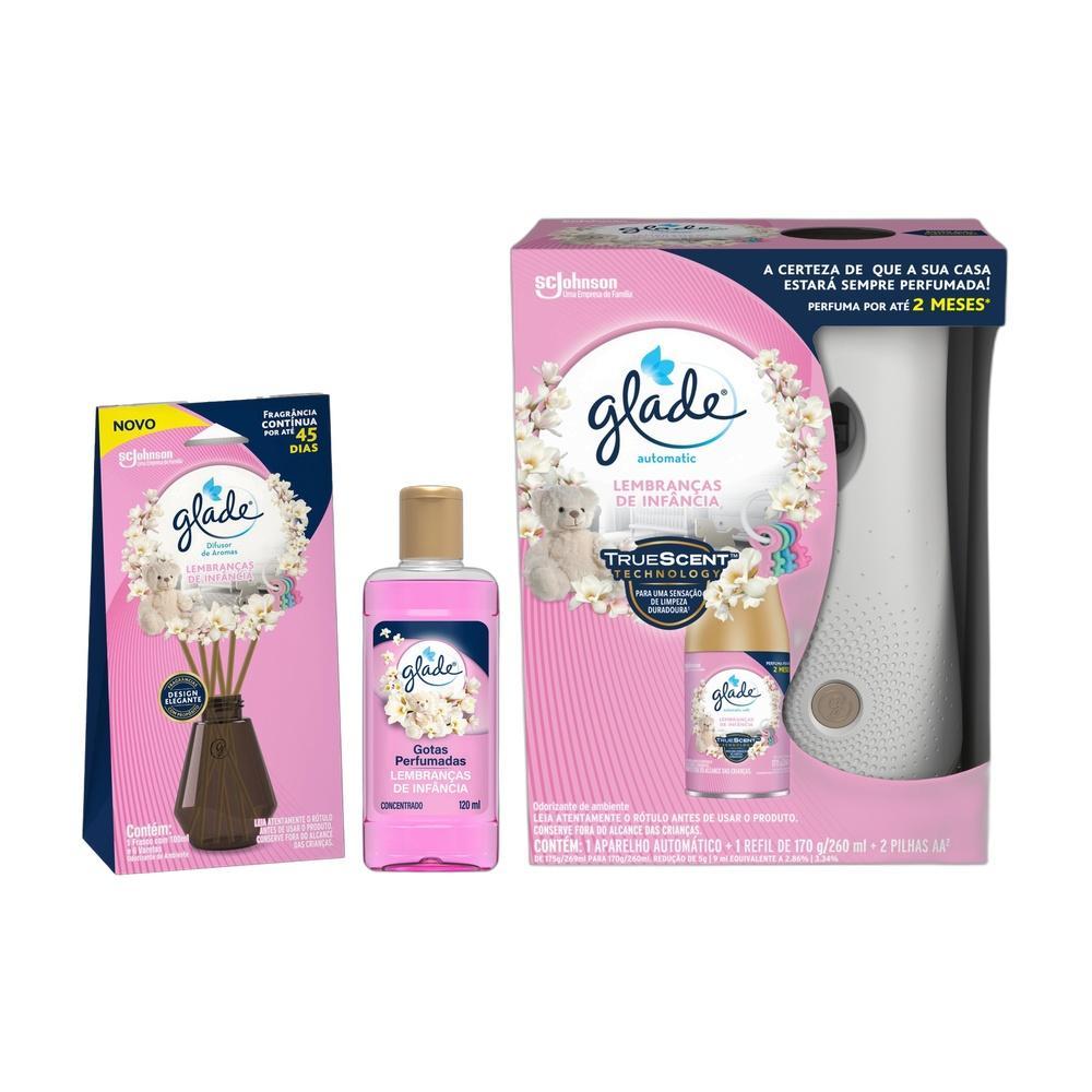 Kit Glade Lembranças da Infância Odorizador Automatic + Refil 260ml + Odorizador Gotas Perfumadas 120ml + Difusor 100ml