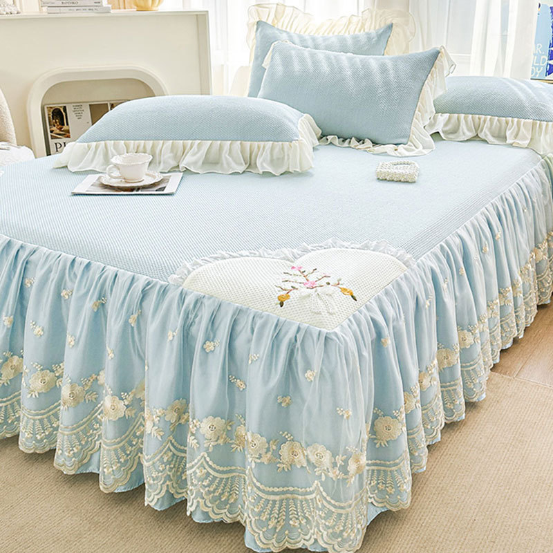 Verão estilo princesa luz luxo High-End ervilhas de seda gelo legal esteira saia de cama verão legal colcha conjunto de 